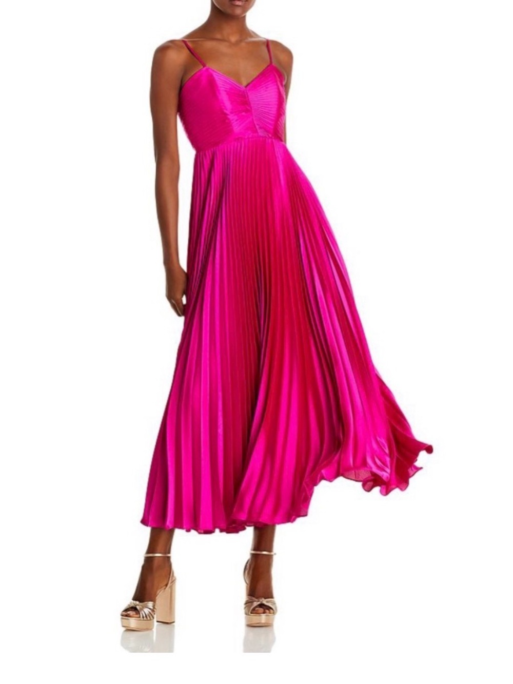 MILLY Hot Pink Pleated Spaghetti-Strap Midi Dress